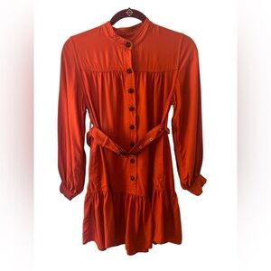 Women's Button-Front Long Sleeve Red Dress with Belt